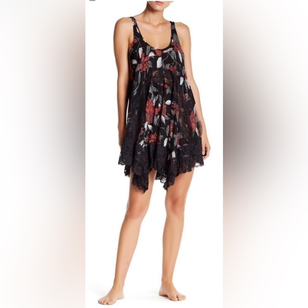Free People Intimately She Swings Slip Dress Black Lace Floral Women's Size L